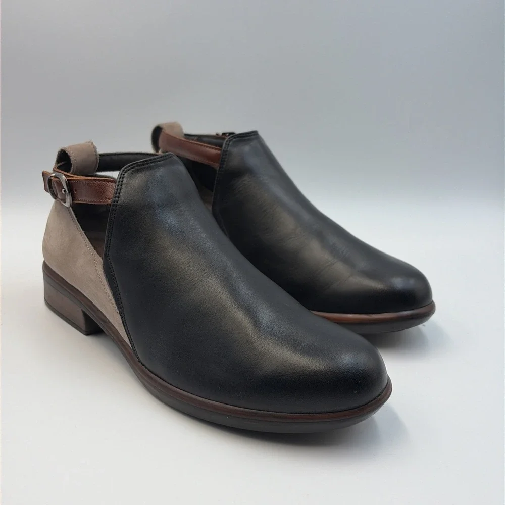 Naot Kamsin Leather Ankle Strap Booties Women's EU38 US7 Black Raven/Stone Brown